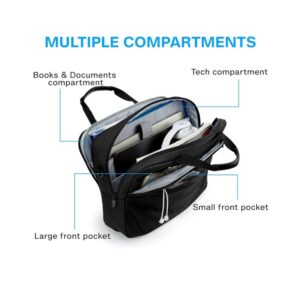 Open black laptop messenger bag with multiple compartments, padded shock‑proof 13‑15.6 inch notebook bag store documents electronics for business travel