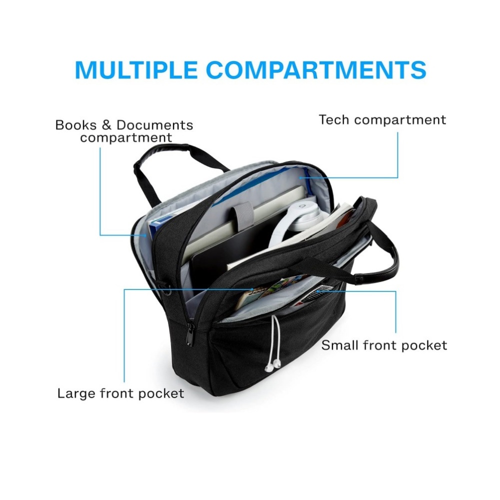 Open black laptop messenger bag with multiple compartments, padded shock‑proof 13‑15.6 inch notebook bag store documents electronics for business travel