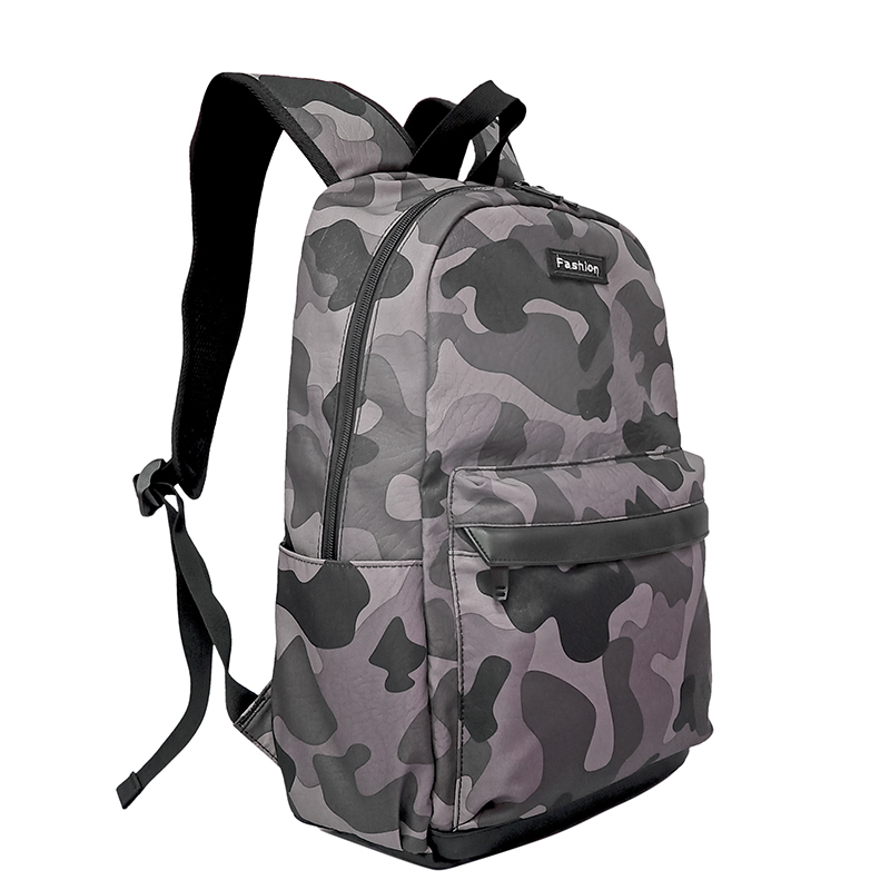 Angle shot grey camo multifunction men backpack, fashion camouflage 15.6‑inch laptop backpack for outdoor and daily commute