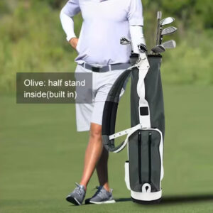 Golfer carrying grey white lightweight golf bag on golf course, built-in half stand portable golf pencil bag for range practice