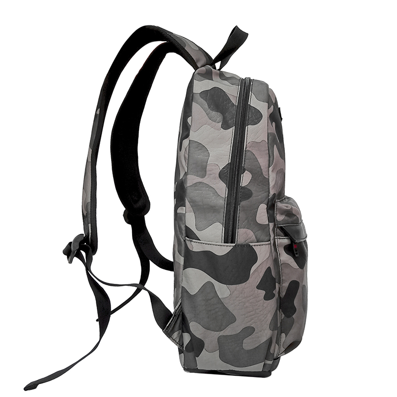Side view grey black camouflage men laptop backpack, multifunctional 15.6 inch travel business backpack with padded shoulder straps