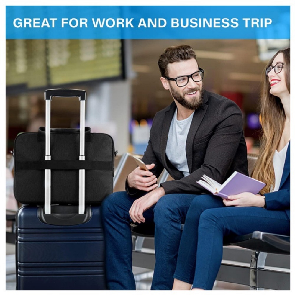 Black shockproof laptop messenger bag with luggage strap, 13‑15.6 inch notebook shoulder bag for men women, business travel airport commute laptop briefcase