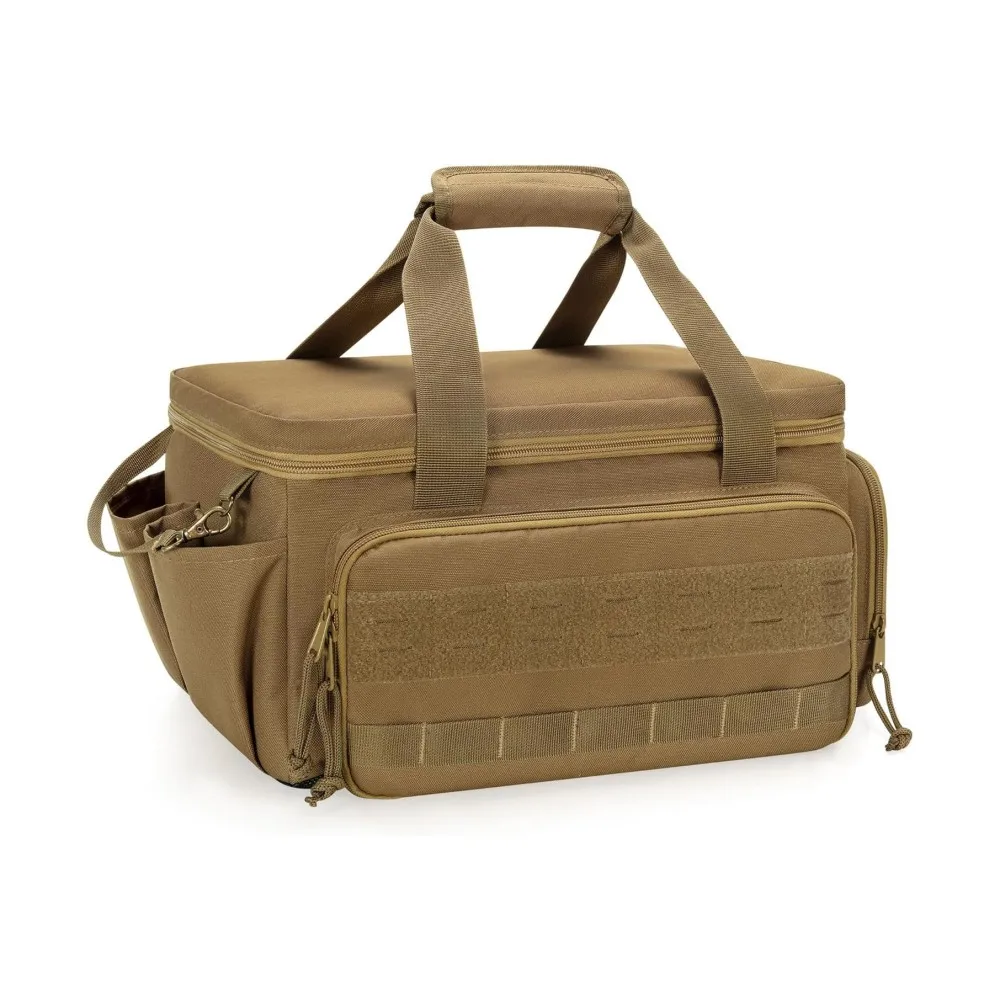 Coyote brown tactical heavy‑duty electrical tool duffle bag, molle webbing exterior, reinforced handle for job‑site electrician use