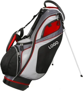 Grey red color block golf stand bag, durable polyester golf carry bag with multiple zipper pockets, customizable logo for golfers