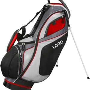 Grey red color block golf stand bag, durable polyester golf carry bag with multiple zipper pockets, customizable logo for golfers