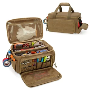 Large capacity waterproof electrician tool bag open display, fully loaded with meters pliers screwdrivers for field repair and maintenance work