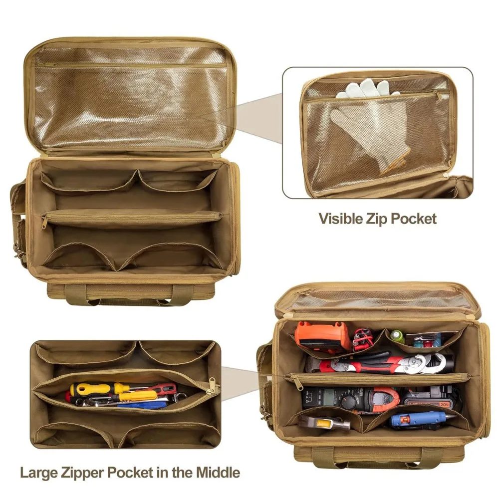 Coyote brown heavy‑duty electrician tool bag interior view, multi‑divider compartments with visible zip mesh pocket for electrical hand tools storage