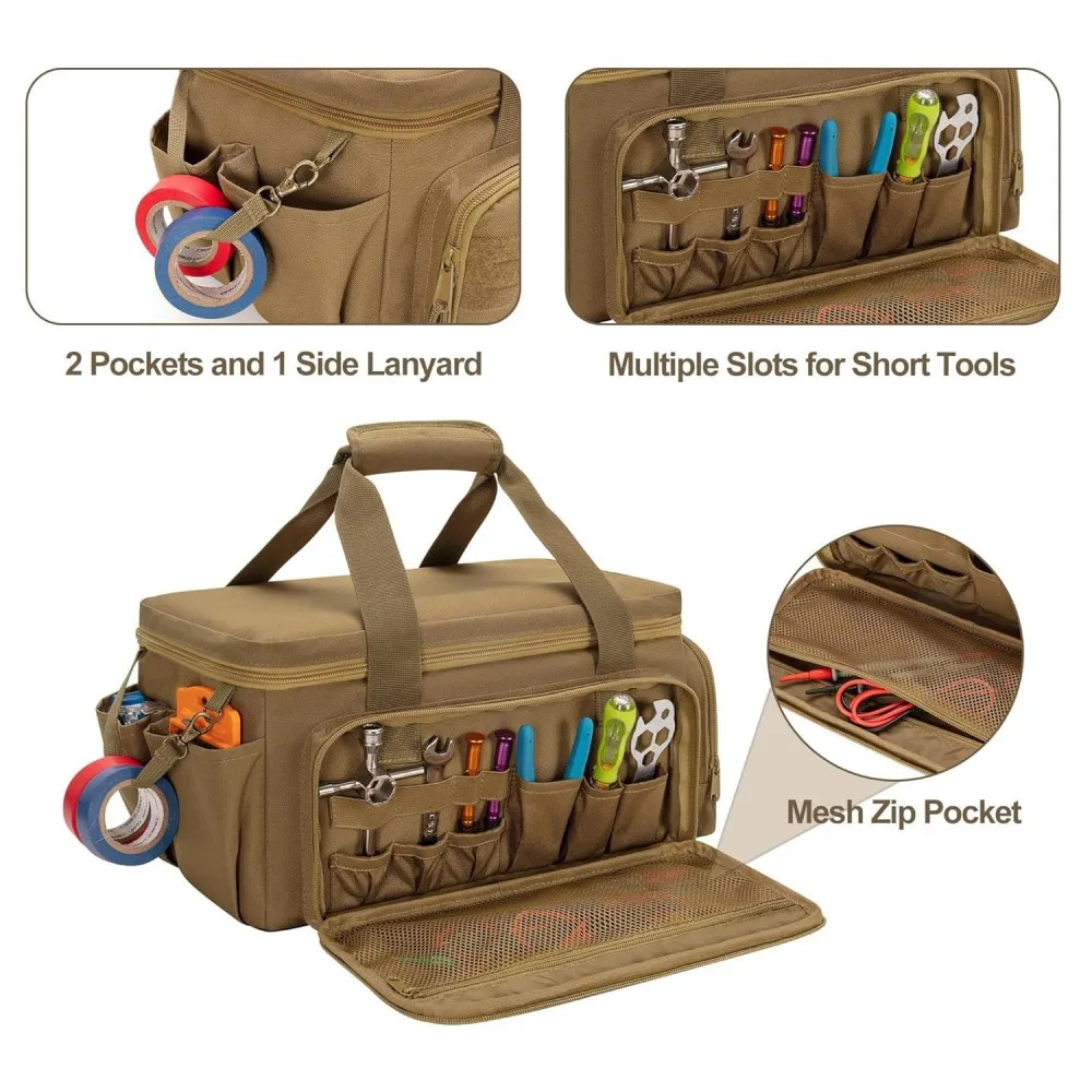 Waterproof tactical electrical tool bag, front multi‑slot tool pockets, side lanyard for tape, durable oxford carry bag for technicians