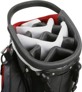Top view 6-way padded divider golf stand bag opening, cushioned club compartment, protective golf club organizer