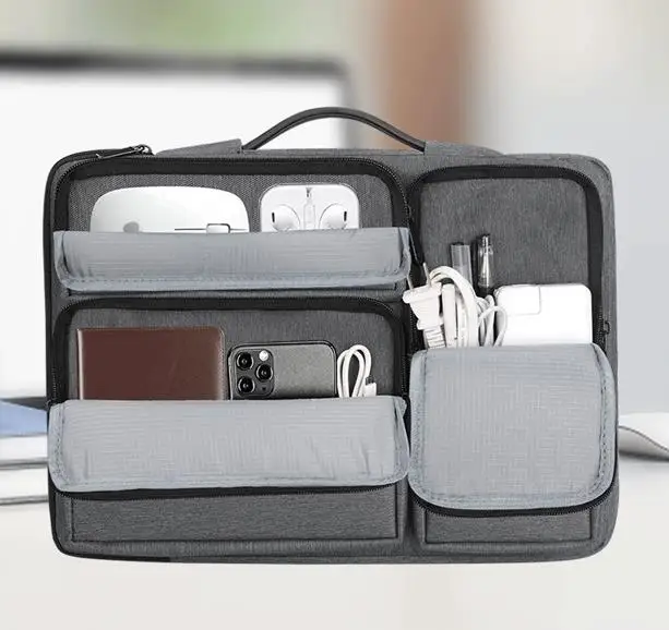 Open multi‑compartment laptop sleeve bag, interior storage for charger mouse power bank, shockproof 13‑15.6 inch notebook messenger bag for men women