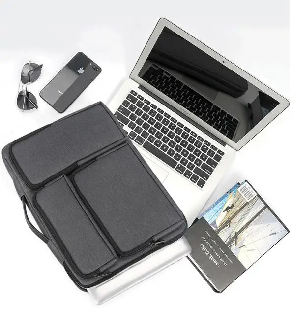Grey shockproof laptop sleeve messenger bag, multi‑pocket 13‑15.6 inch notebook computer carry case for men women, business office laptop bag