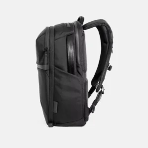 Side profile view waterproof polyester laptop travel backpack, padded adjustable shoulder straps for office and travel use