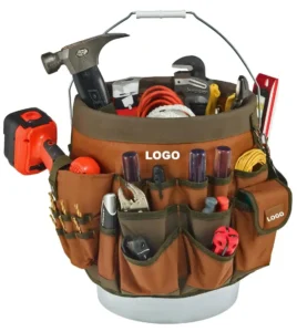 Heavy‑duty bucket tool organizer bag, brown 600D polyester multi‑pocket hardware storage for electrician handyman workshop use