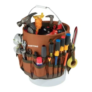 Custom logo 5‑gallon bucket tool caddy brown polyester multi‑pocket tool sleeve filled with hand tools for construction workers