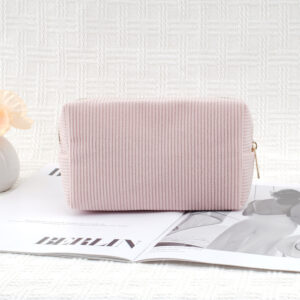 ``Pink corduroy makeup pouch with gold zipper, soft cosmetic bag for women and girls